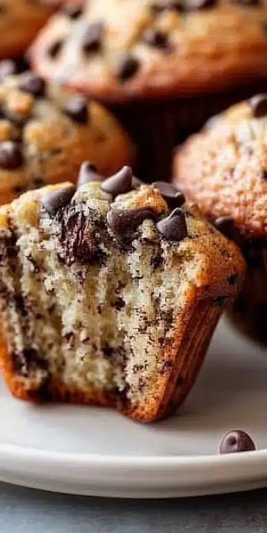 Freshly baked easy banana chocolate chip muffins on a rustic table