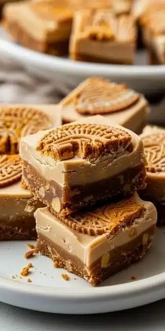 A delicious plate of easy Biscoff fudge squares topped with crumbs.