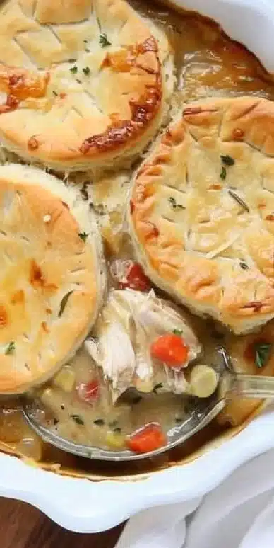 Delicious easy chicken pot pie topped with flaky biscuits served in a bowl