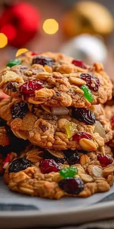 Easy Christmas fruitcake cookies fresh out of the oven with festive decorations