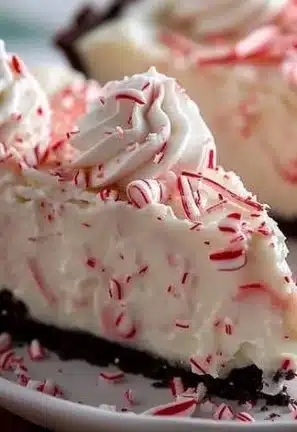 Easy Christmas peppermint pie topped with whipped cream and chocolate shavings