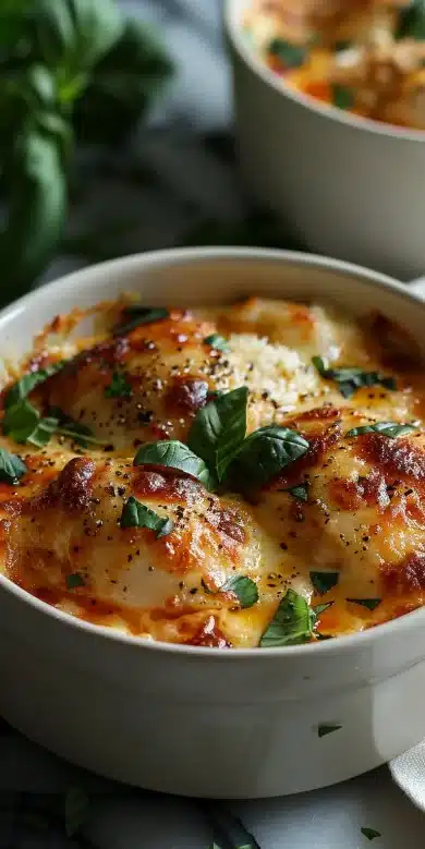 Easy Cottage Cheese Chicken Parm Bowl garnished with parsley on a plate