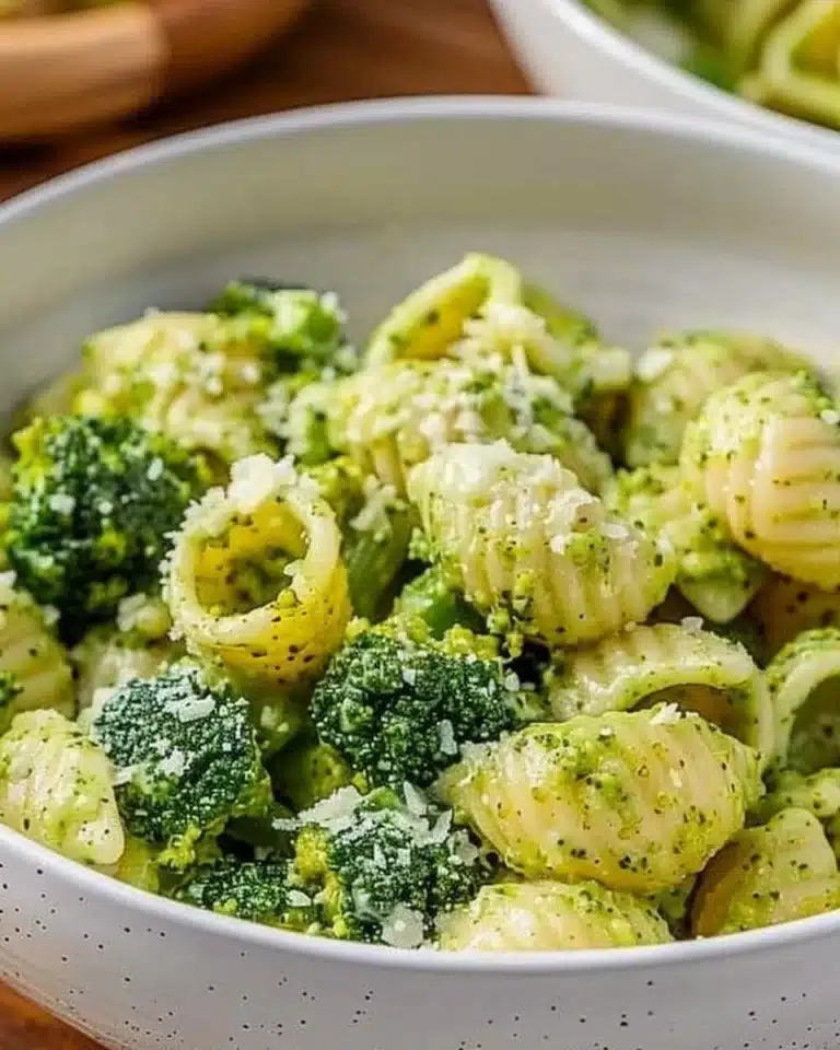 A bowl of easy healthy broccoli pasta topped with Parmesan cheese.