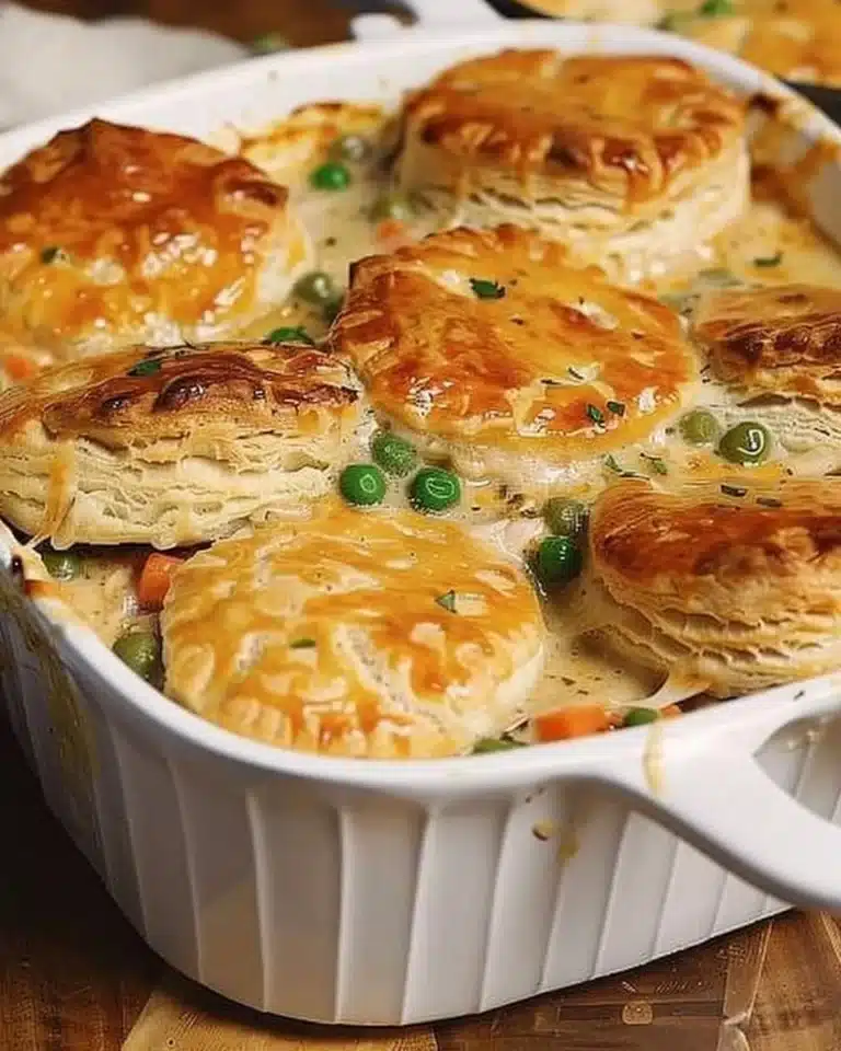 Delicious homemade chicken pot pie casserole served in a ceramic dish.