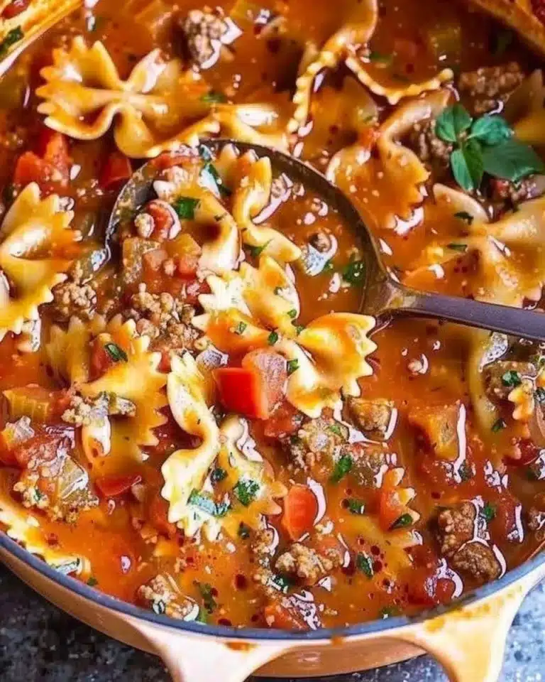 Bowl of hearty Easy Lasagna Soup topped with cheese and herbs