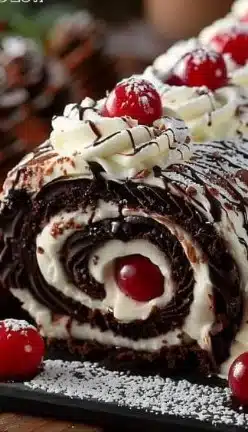 Elegant Black Forest Cake Roll featuring chocolate and cherries in a dreamy swirl