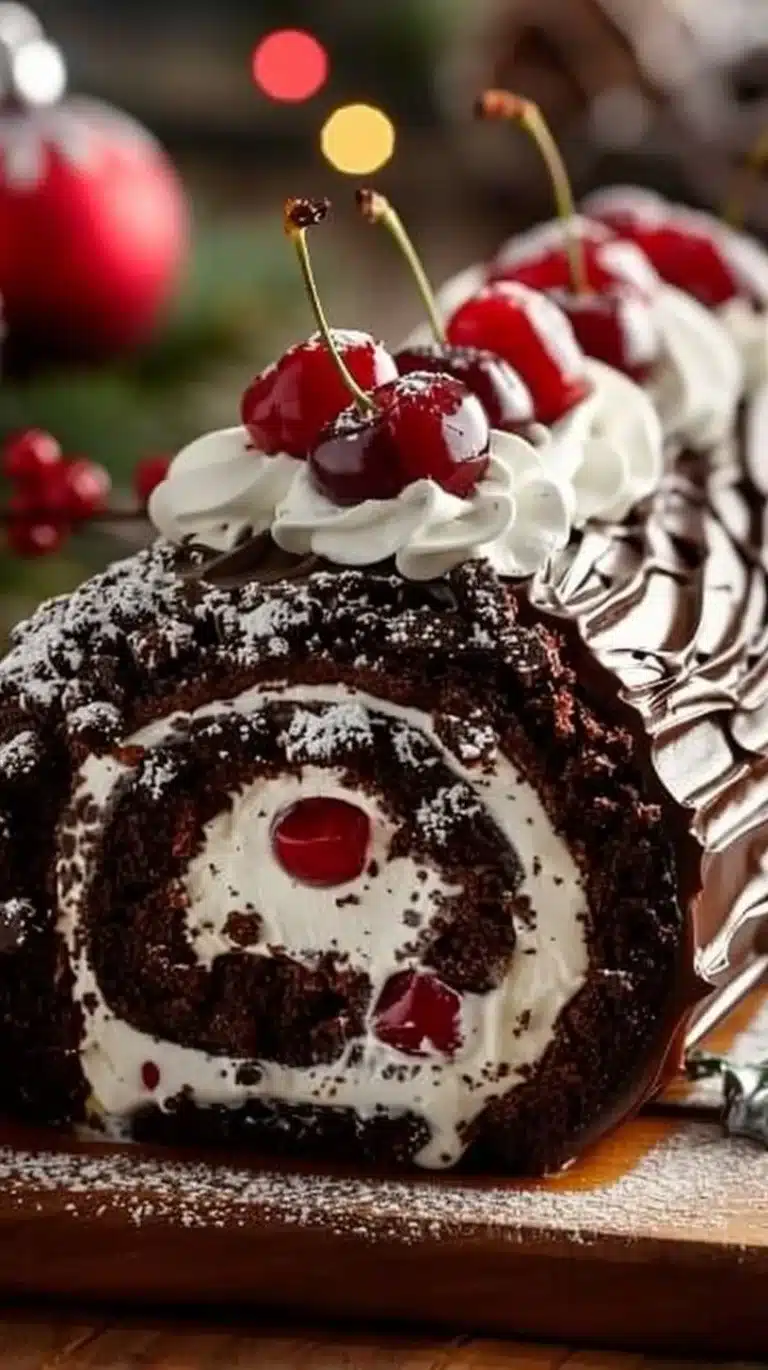 Elegant Black Forest Cake Roll with chocolate and cherry filling