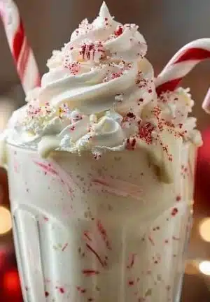 Festive peppermint float in a glass with whipped cream and candy cane garnish