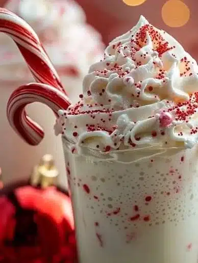 Festive peppermint float topped with whipped cream and candy cane sprinkles