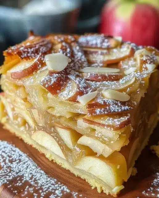 A slice of French Apple Invisible Cake showcasing its moist layers and apple pieces.