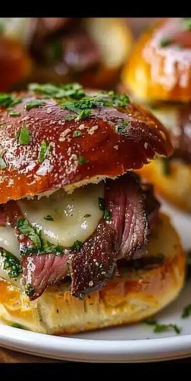 Delicious French Dip Sliders served with au jus dipping sauce.