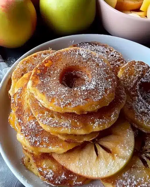 Delicious fried apple pancakes served with syrup and sliced apples.