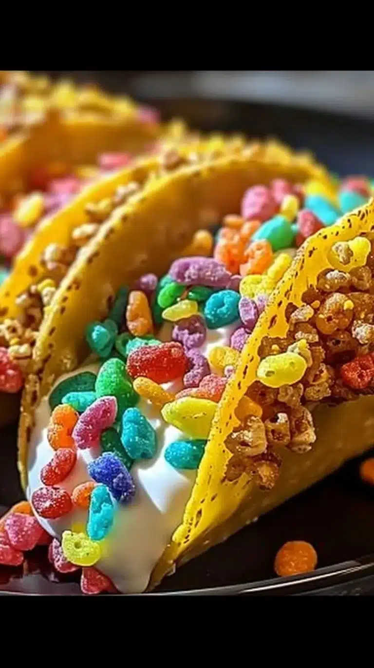 Fruity Pebbles cheesecake tacos with colorful cereal topping