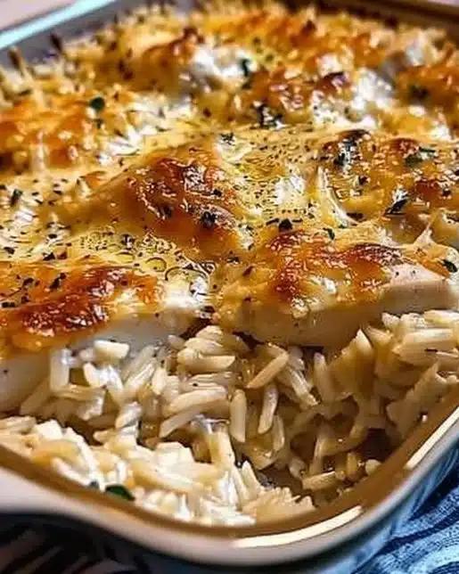 Garlic Butter Chicken and Rice Casserole served in a baking dish
