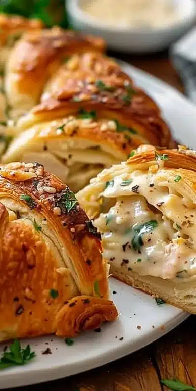 Garlic Herb Turkey Alfredo Crescent Ring served on a plate