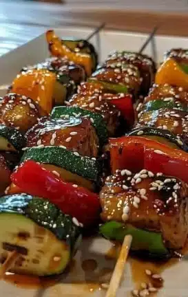 Delicious Ginger Teriyaki Veggie Skewers grilled to perfection with colorful vegetables