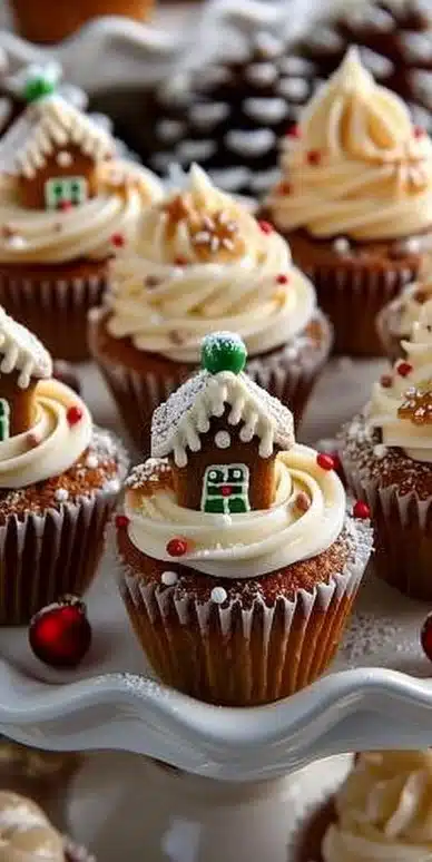 Festive Gingerbread House Cupcake Bites decorated with icing and candy