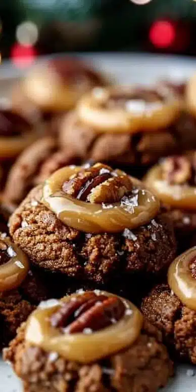 Gingerbread Maple Pecan Thumbprint Cookies on a festive plate