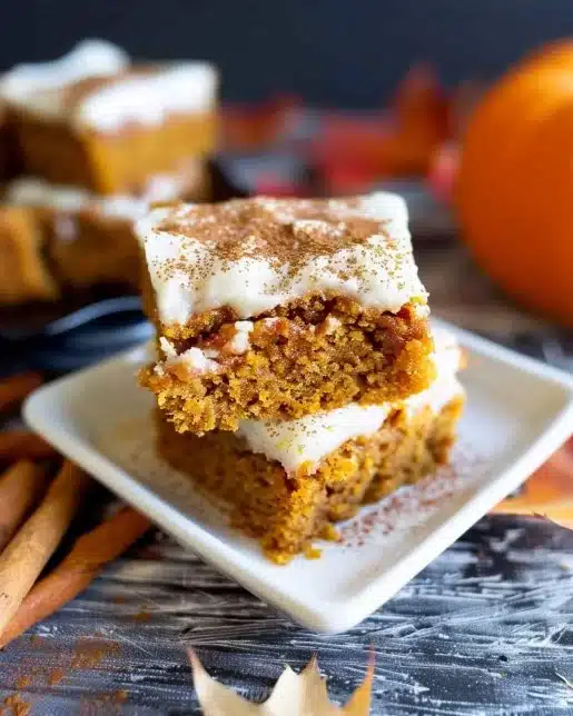 Gluten-free pumpkin squares topped with cream cheese frosting on a rustic table