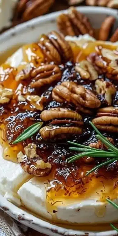 Goat cheese appetizer topped with fig jam and pecans served on a platter