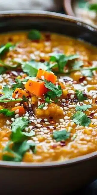 Bowl of golden lentil soup garnished with herbs and spices.