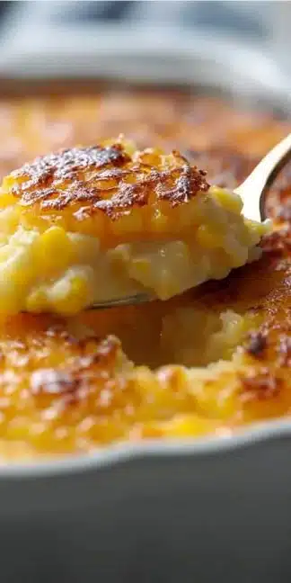 Delicious homemade corn pudding served in a rustic dish
