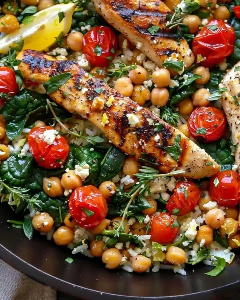 Plate of Greek chicken served with lemon rice and garnished with herbs