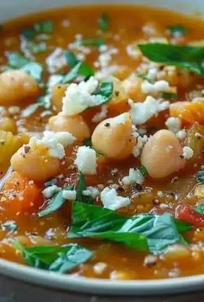 Bowl of Greek chickpea soup garnished with fresh herbs