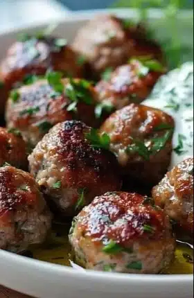 Delicious Greek meatballs served with tzatziki and fresh herbs