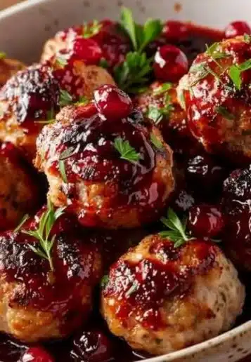 Harvest Turkey Meatballs with Cranberry Glaze on a serving platter