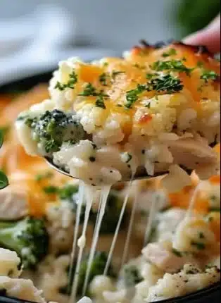Healthy chicken casserole with cauliflower rice served in a baking dish