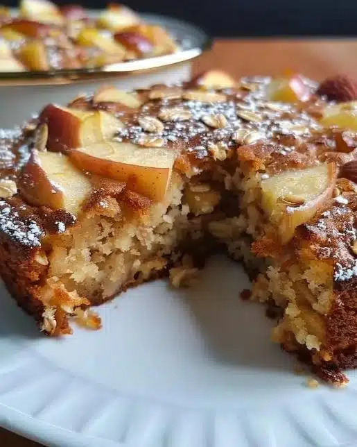 Healthy homemade oatmeal apple cake topped with apples and spices