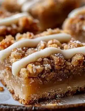 Healthy pear crumble bars topped with a golden oat crumble