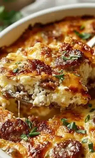 High protein cottage cheese turkey sausage breakfast casserole in a baking dish