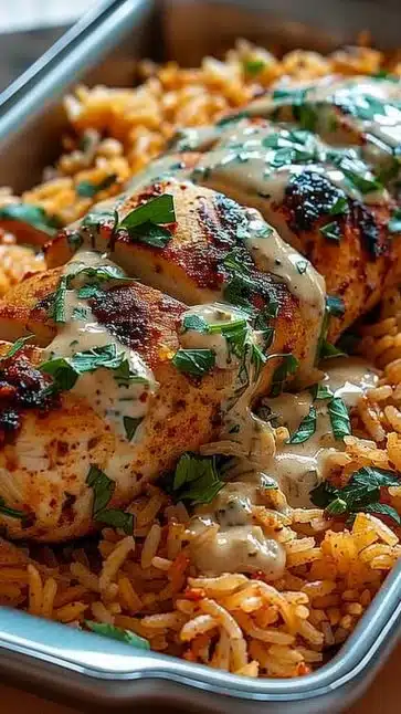 High Protein Creamy Cajun Chicken Rice dish with colorful ingredients