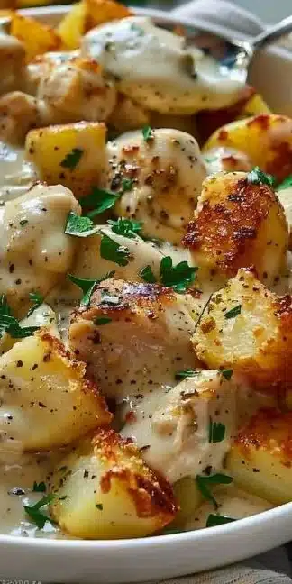 Creamy garlic cheesy chicken served over potatoes, a hearty protein-rich dish.
