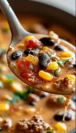 Bowl of high protein creamy taco soup topped with fresh ingredients