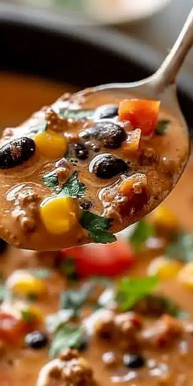 Delicious high protein creamy taco soup served in a bowl with toppings