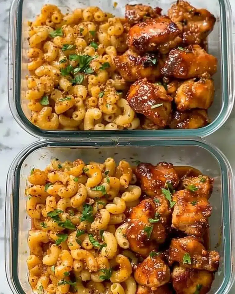 High-protein honey garlic butter chicken served with creamy mac and cheese