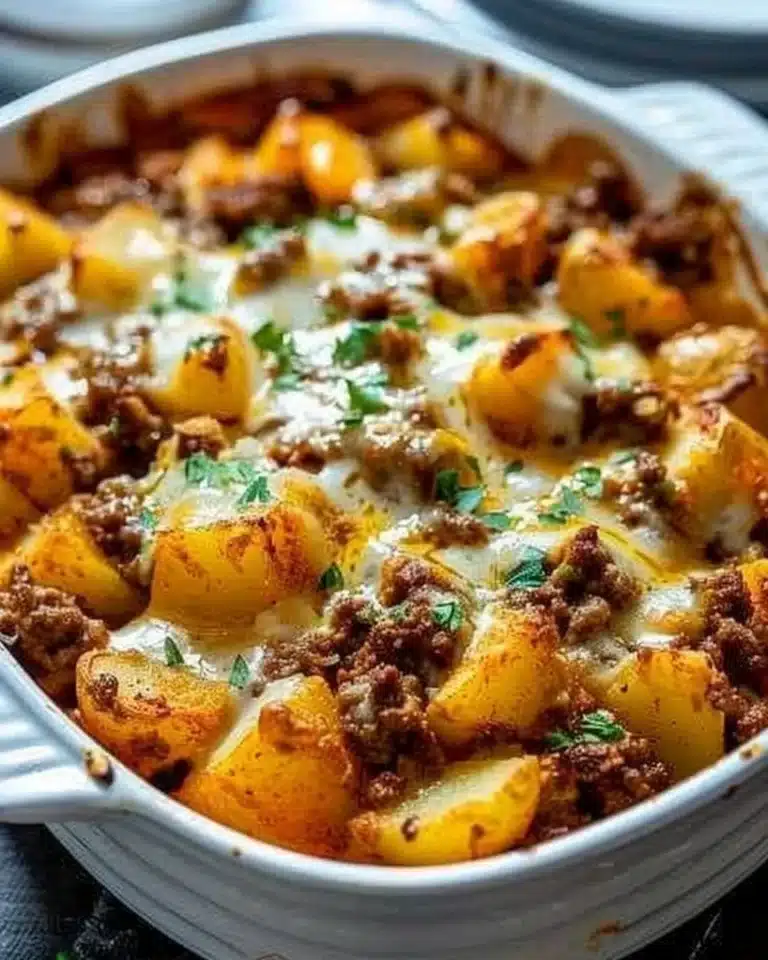 A delicious serving of hobo casserole filled with meat and vegetables in a casserole dish.