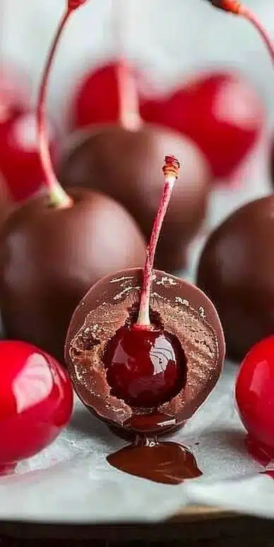 Homemade chocolate covered cherries on a white plate