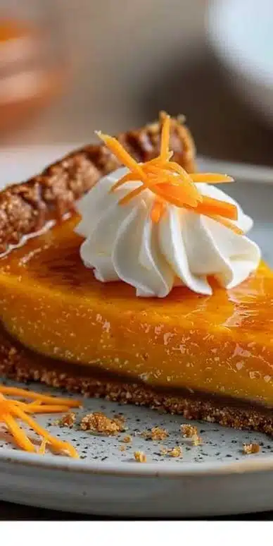 A slice of Honey Carrot Pie topped with honey glaze and garnished with fresh carrot shavings.