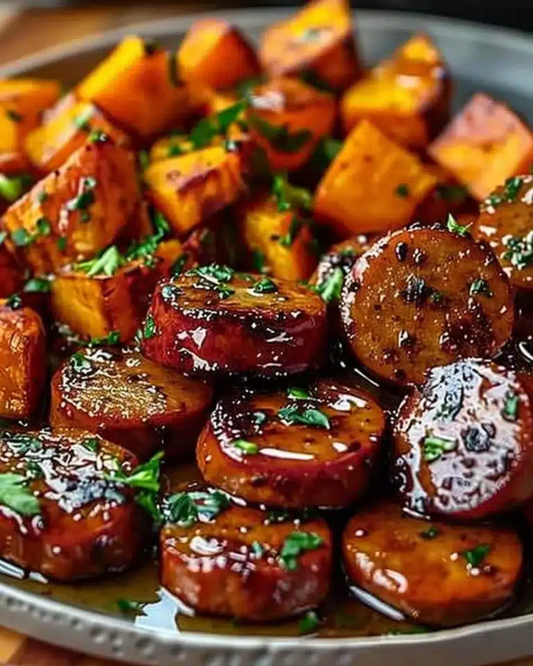 Plate of honey garlic sausage served with roasted sweet potatoes
