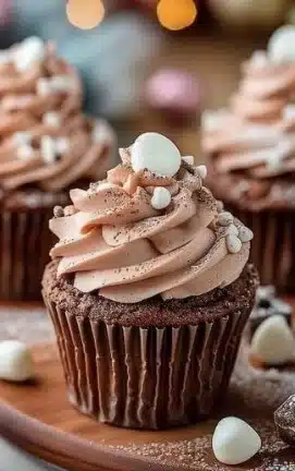 Delicious hot chocolate cupcakes topped with creamy frosting