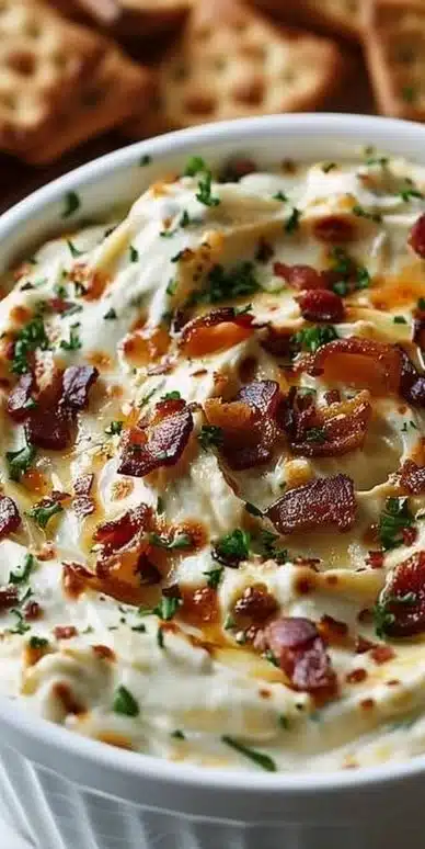Hot Smoked Gouda Beef Bacon Dip served in a bowl with chips and garnishes.