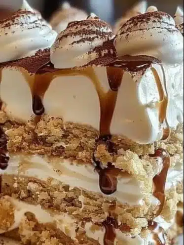 No-bake iced coffee cake topped with whipped cream and coffee beans