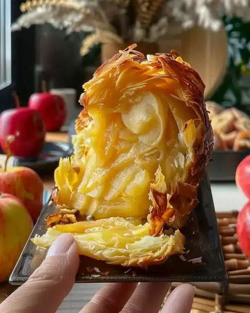 Slice of Invisible Apple Cake with visible apple pieces and a golden crust