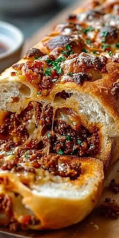 Cheesy beef garbage bread with melted cheese and juicy beef filling