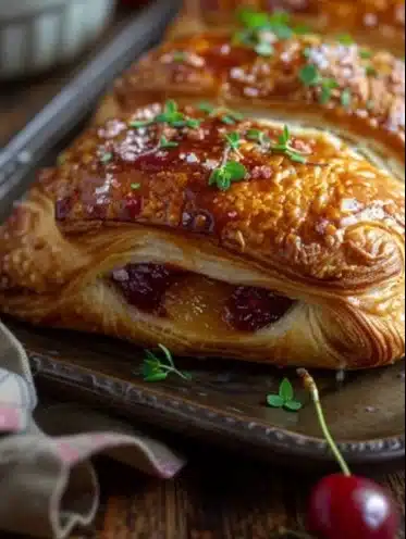 Freshly baked Cherry Cheese Danish topped with glossy cherries and creamy cheese