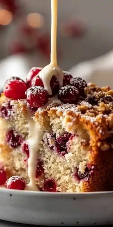 Irresistible Cranberry Bliss Coffee Cake topped with cranberries and cream cheese frosting.
